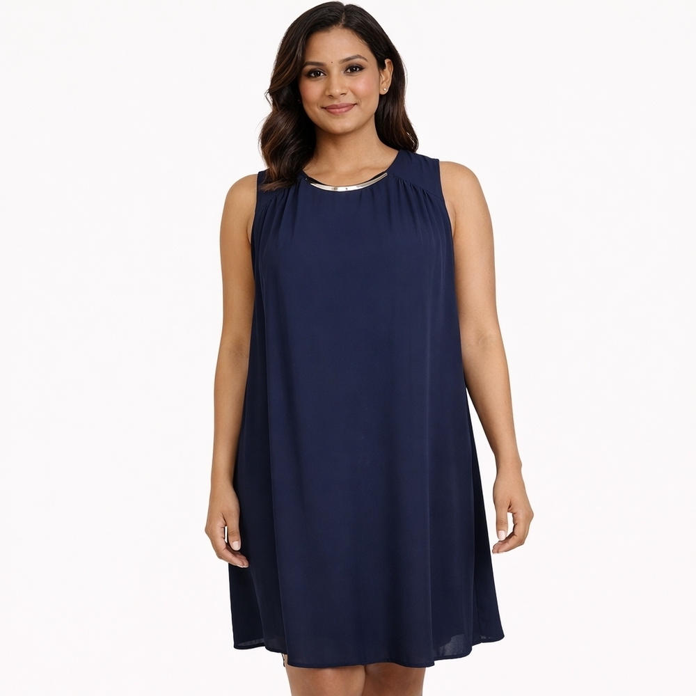 LUXOLOGY Size Medium Navy Blue‎ Sleeveless Pleated Scoop Neck Mini Shift Dress